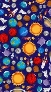Cartoon Solar System Pattern with Planets Rockets and Stars Stock Illustration