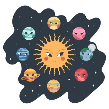 Cartoon Solar system in round shape. Abstract Solar system with boho planets Stock Illustration