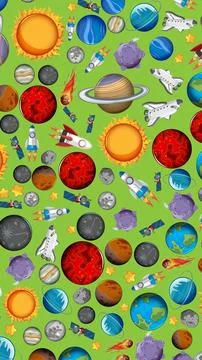 Cartoon Solar System Seamless Pattern with Rockets and Planets Stock Illustration