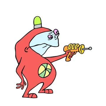 Cartoon space alien aims from the blaster in his hand. Vector illustration. Stock Illustration
