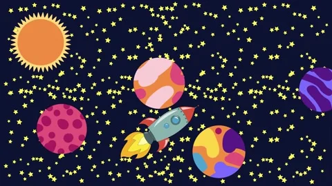 Cartoon Space. Cartoon rocket flies in outer space past the suspended planets Stock Footage 145986355