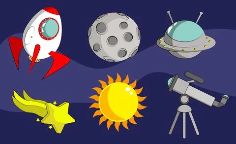 Cartoon space with different elements moon rocket sun Stock Illustration