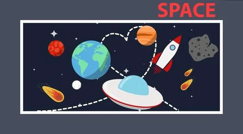 Cartoon space elements collection with sun planets stars spaceships ufo. Illustrazione stock