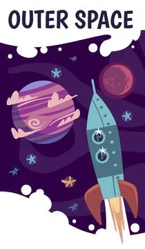 Cartoon space flyer. Celestial objects, spaceship and planets in cosmos, flying Illustrazione stock