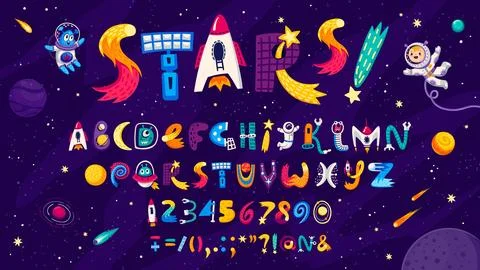 Cartoon space font, galaxy typeface, universe type Stock Illustration