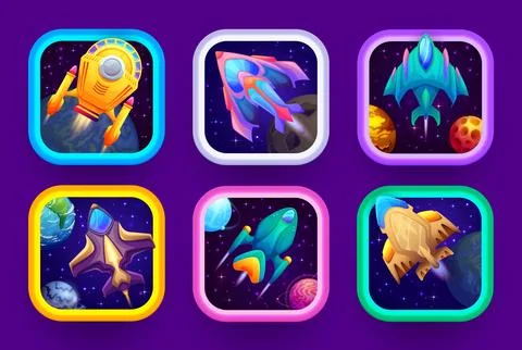 Cartoon space game vector app icons with starships Stock Illustration