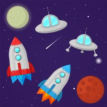 Cartoon space illustration set. UFO, planet, rocket Illustrazione stock