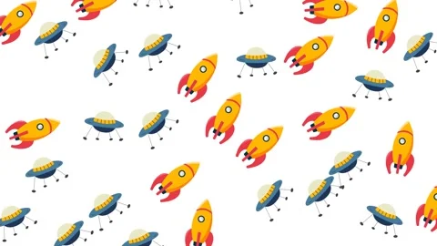Cartoon Space Object Pattern Featuring Rockets and UFOs on White Background Stock Footage 346186201