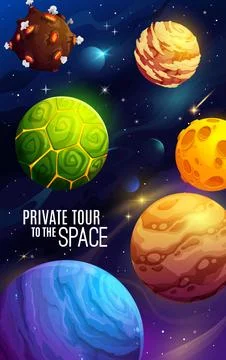 Cartoon space planets poster, alien galaxy world Stock Illustration