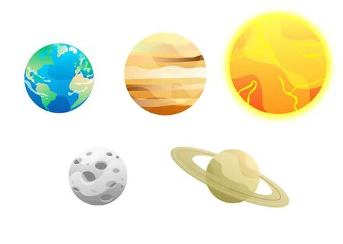 Cartoon space planets of solar system. Earth, yupiter, sun, moon, saturn. Illustrazione stock