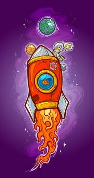 Cartoon space rocket flying with fish and pigeon Stock Illustration