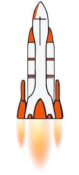Cartoon space rocket with orange white body with flame from nozzles, isolated Stock Illustration