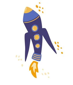 Cartoon space rocket. Spaceship startup sign. Spacecraft symbol. Design eleme Stock Illustration