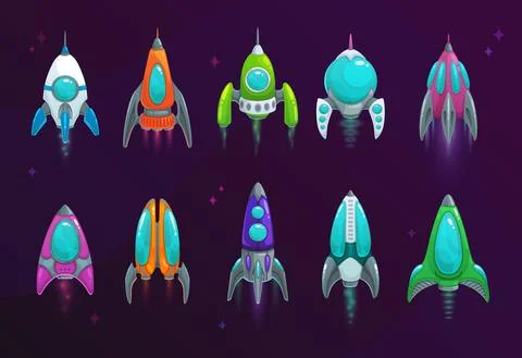 Cartoon space rockets vector space ships icons Stock Illustration