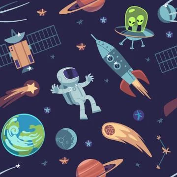 Cartoon space seamless background. Hand drawn galaxy pattern with spaceships Illustrazione stock