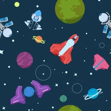 Cartoon space seamless pattern. Alien planets ufo rockets and missiles. Galaxy Illustrazione stock