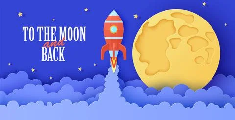 Cartoon space ship launch paper cut background. Space of the galaxy and the Stock Illustration