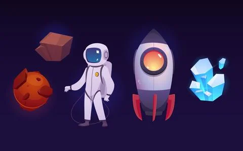 Cartoon space vector set, cosmic objects, astronaut, spaceship, alien planet Stock Illustration