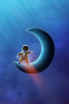 Cartoon spaceman dancing on crescent moon. Stock Illustration