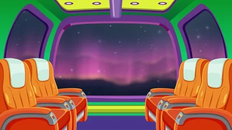 Cartoon Spaceship Cabin Interior with Aurora Borealis Outer Space View Stock Footage 346571126
