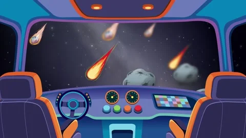 Cartoon Spaceship Cockpit View of Falling Meteors and Asteroids Stock Footage 345294077