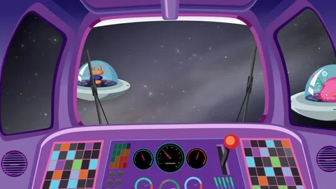 Cartoon Spaceship Cockpit View with Floating Alien Flying Saucers Stock Footage 346569190