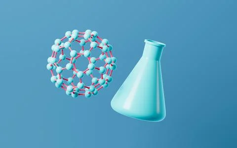 Cartoon spherical molecular structure and conical flask in the green backgr.. Stock Illustration