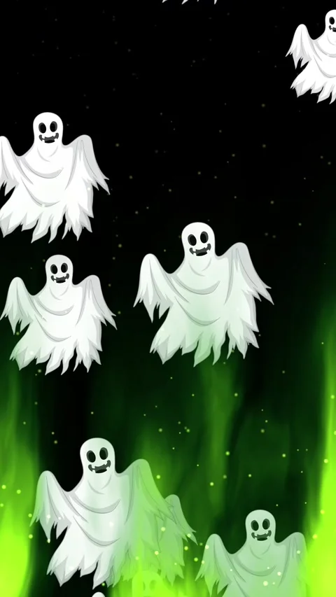 Cartoon Spooky Ghosts Floating Over Burning Green Flames Видео 347357896