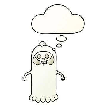 Cartoon spooky skull ghost and thought bubble in smooth gradient style Ilustração Stock