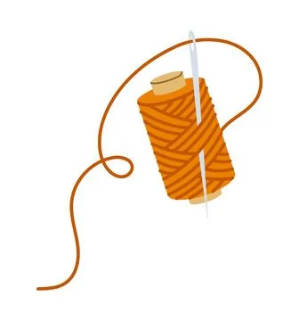Cartoon spool of orange thread with sewing needle Stock Illustration
