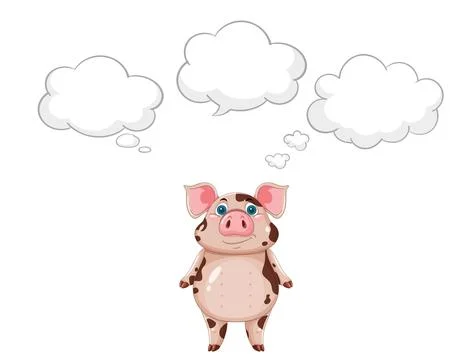 Cartoon Spotted Pig Thinking with Three Empty Speech Bubbles Stock Illustration