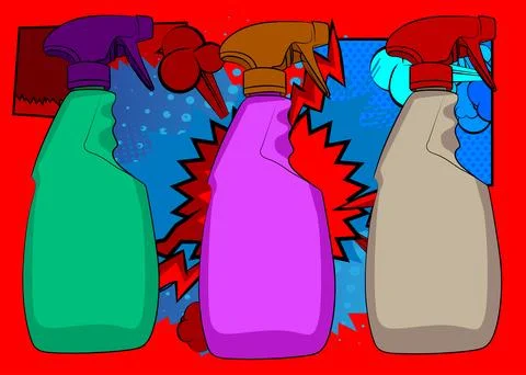 Cartoon Spray Bottle, comic book Cleaning. Retro vector comics pop art design Stock-Illustration
