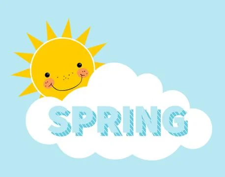 Cartoon spring background. Sun. Cloud. Design concept with happy smiley sun Stock Illustration