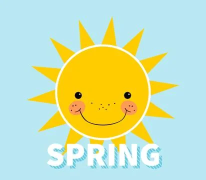 Cartoon spring background. Sun. Cloud. Design concept with happy smiley sun Stock Illustration