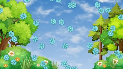 Cartoon Spring Landscape with Blue Flowers Falling Under Blue Sky Stock Footage 345297079
