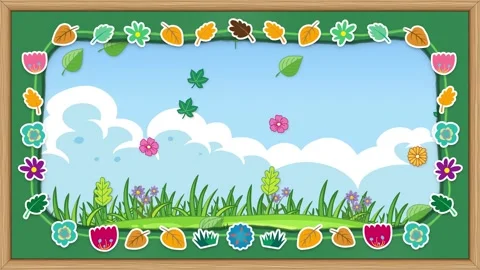 Cartoon Spring Nature Frame with Falling Leaves and Flowers Animation Stock Footage 345206750