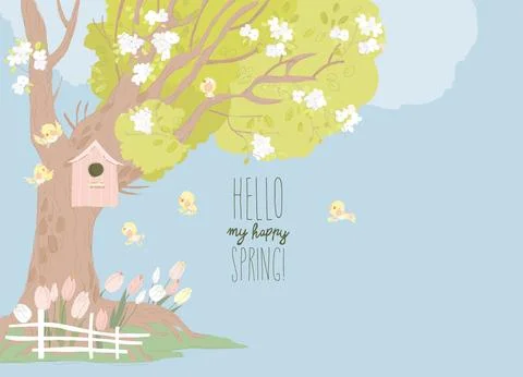 Cartoon Spring Park with Blooming Tree and Flowers Ilustración de archivo