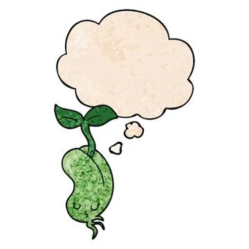 Cartoon sprouting bean and thought bubble in grunge texture pattern style Illustrazione stock