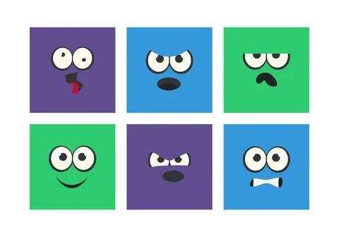Cartoon Square Face with Emotion Expression Vector Set Illustrazione stock