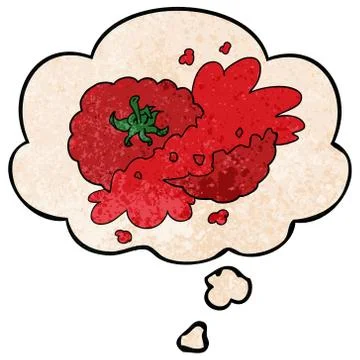 Cartoon squashed tomato and thought bubble in grunge texture pattern style Stock Illustration