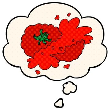 Cartoon squashed tomato and thought bubble in comic book style Stock Illustration