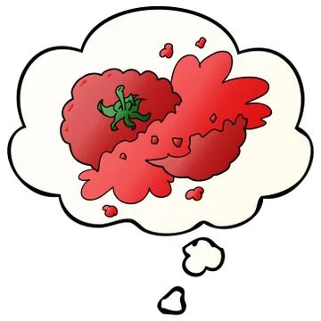 Cartoon squashed tomato and thought bubble in smooth gradient style Stock Illustration