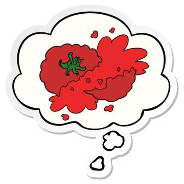 Cartoon squashed tomato and thought bubble as a printed sticker Stock Illustration