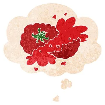 Cartoon squashed tomato and thought bubble in retro textured style Stock Illustration