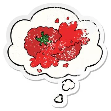 Cartoon squashed tomato and thought bubble as a distressed worn sticker Stock Illustration