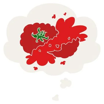 Cartoon squashed tomato and thought bubble in retro style Stock Illustration