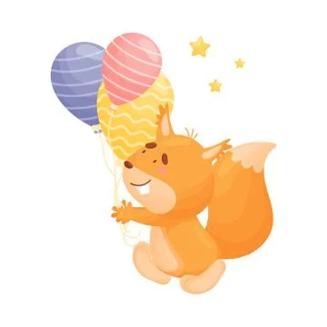 Cartoon squirrel with balloons. Vector illustration on a white background. Stock Illustration