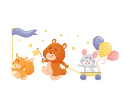 Cartoon squirrel, bear and mouse at the parade. Vector illustration on a white 库存插图