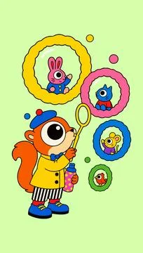 Cartoon Squirrel Blowing Bubbles with Animal Friends Stock Illustration