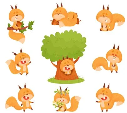 Cartoon Squirrel Character Engaged in Different Activities Vector Set Illustrazione stock